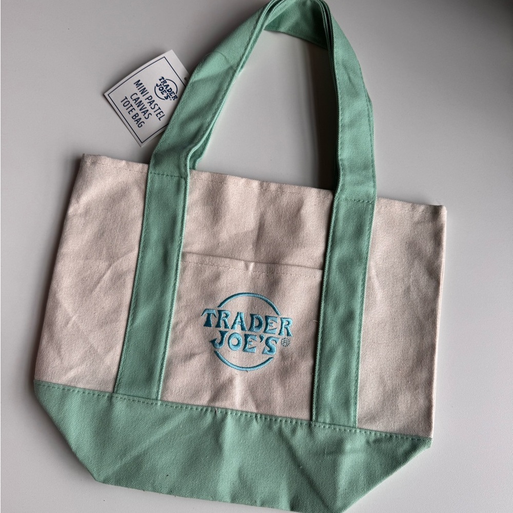 Trader Joe’s Mini Tote in Mint Green and Cream with baby blue embroidered logo